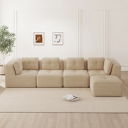 Divano angolare modulare 386x177x69 cm in tessuto a coste beige; seduta profonda