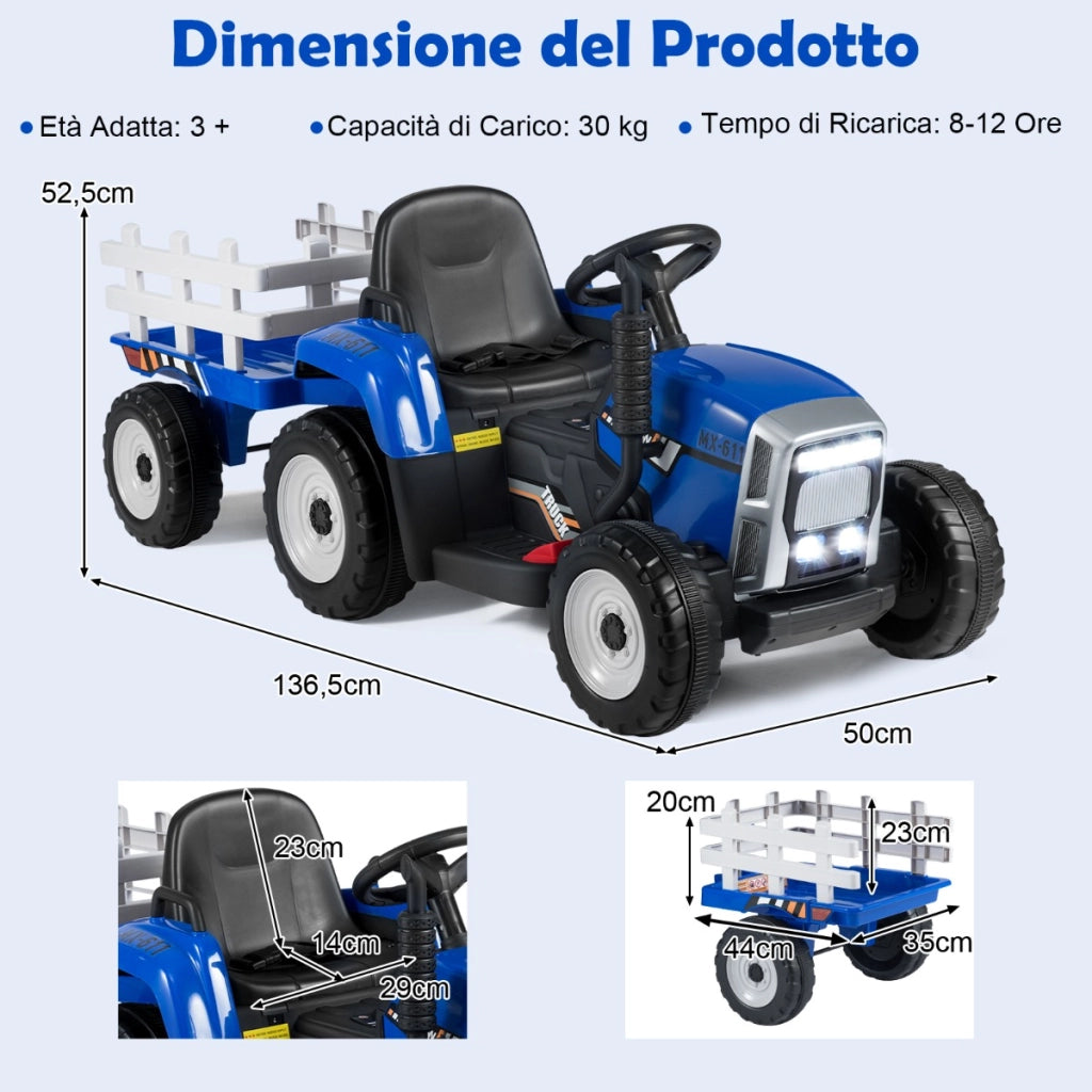 Trattore giocattolo elettrico con 3 marce luci led musica clacson, Trattore con rimorchio 12 v per bambini Blu-Macchinine giocattoli