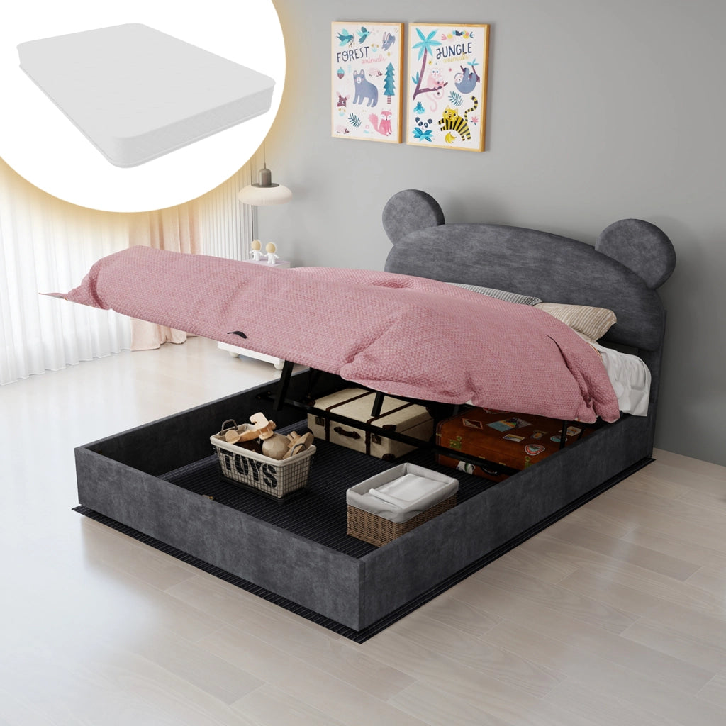 Letto per bambini con contenitore e materasso 140x200 cm; velluto grigio