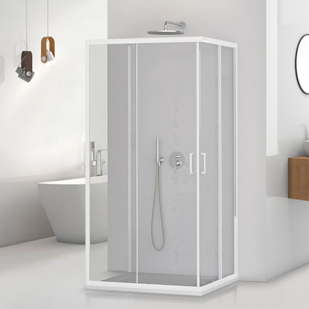 Box doccia 3 lati 80x100x80 in vetro temperato trasparente doppio scorrevole con profili bianchi Tay