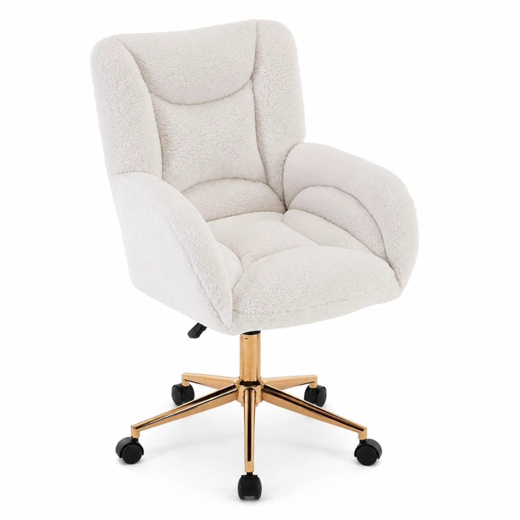Sedia da ufficio regolabile in altezza in tessuto Teddy bianco con base dorata