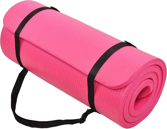 Yogamat multifunzionale 1 pollice extra spessa alta densità anti-lacerazione per esercizio con cinturino - Rosa