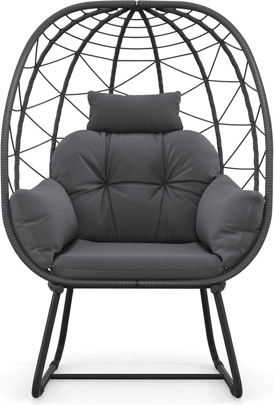 Sedia da giardino in rattan, sedia da giardino con cuscino rimovibile, sedia da giardino in rattan con base metallica, sedia da giardino rattan per balcone, veranda, terrazza (grigia)