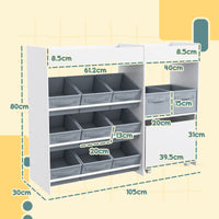 Mobile Portagiochi per Bambini 105x30x80 cm con 11 Cestini in Tessuto Armadietto e Ripiani in MDF Bianco