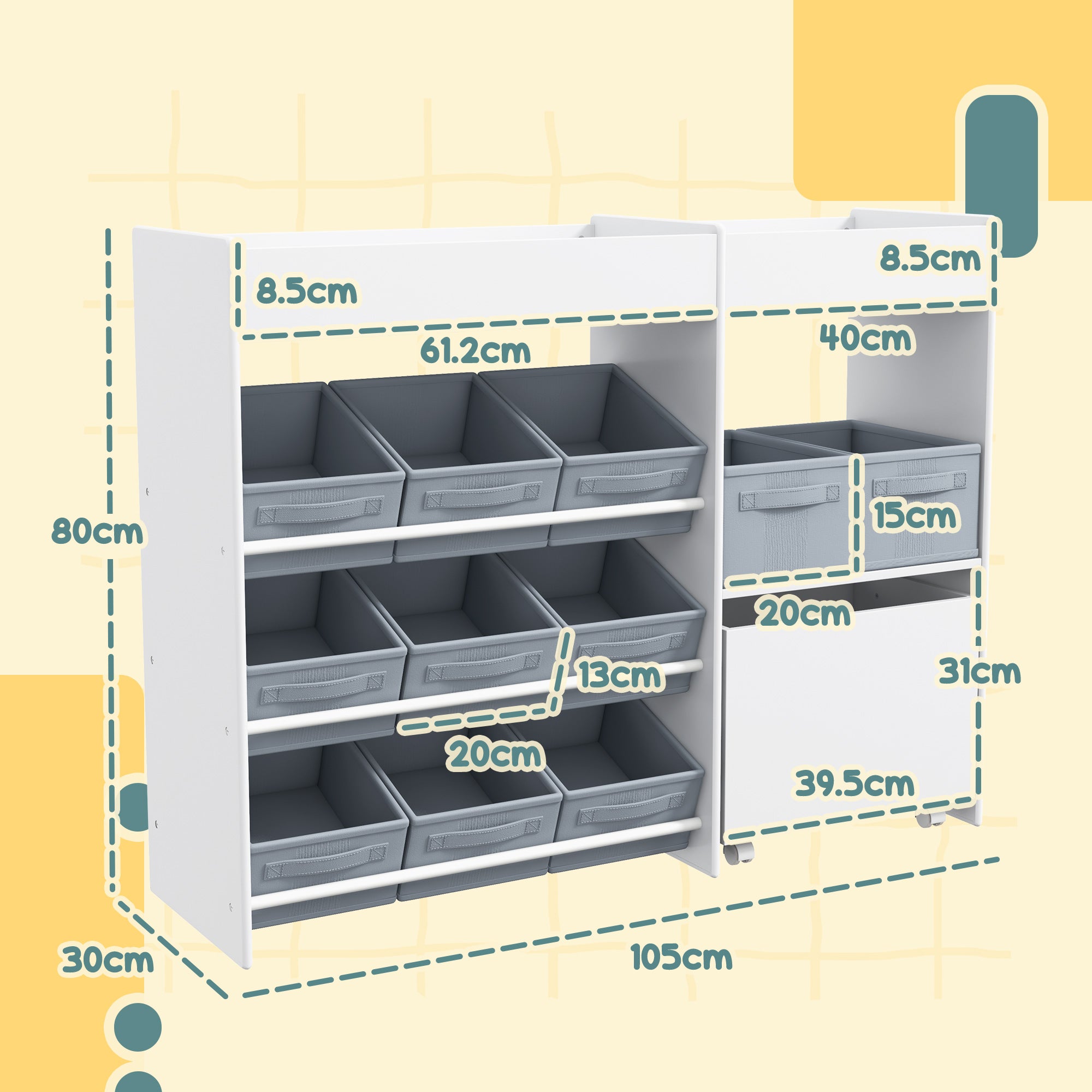 Mobile Portagiochi per Bambini 105x30x80 cm con 11 Cestini in Tessuto Armadietto e Ripiani in MDF Bianco