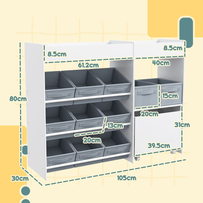Mobile Portagiochi per Bambini 105x30x80 cm con 11 Cestini in Tessuto Armadietto e Ripiani in MDF Bianco