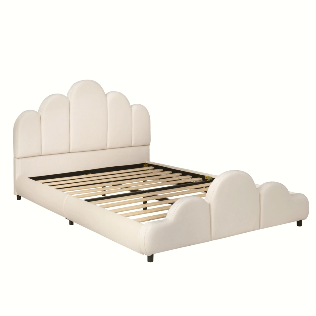Letto imbottito 140 x 200 cm in velluto beige con testiera imbottita e struttura a nuvola