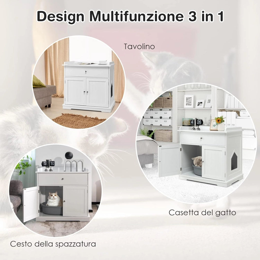 Mobile per Lettiera Gatti in Legno, con Portaoggetti, 2 Ante, Cassetto e Ingresso Laterale, Mobiletto Multiuso per Ingresso e Soggiorno, 76 x 53 x 74 cm, Carico Massimo 30 kg (Bianco)