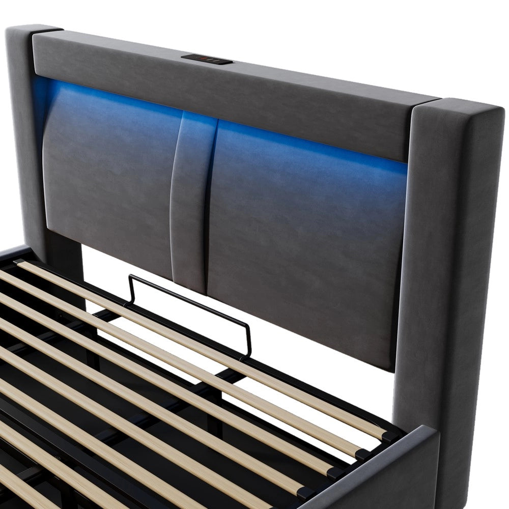 Letto Contenitore Matrimoniale 180x200 con LED ¨C MINIMAL ¨C Velluto Grigio, Idraulico, USB