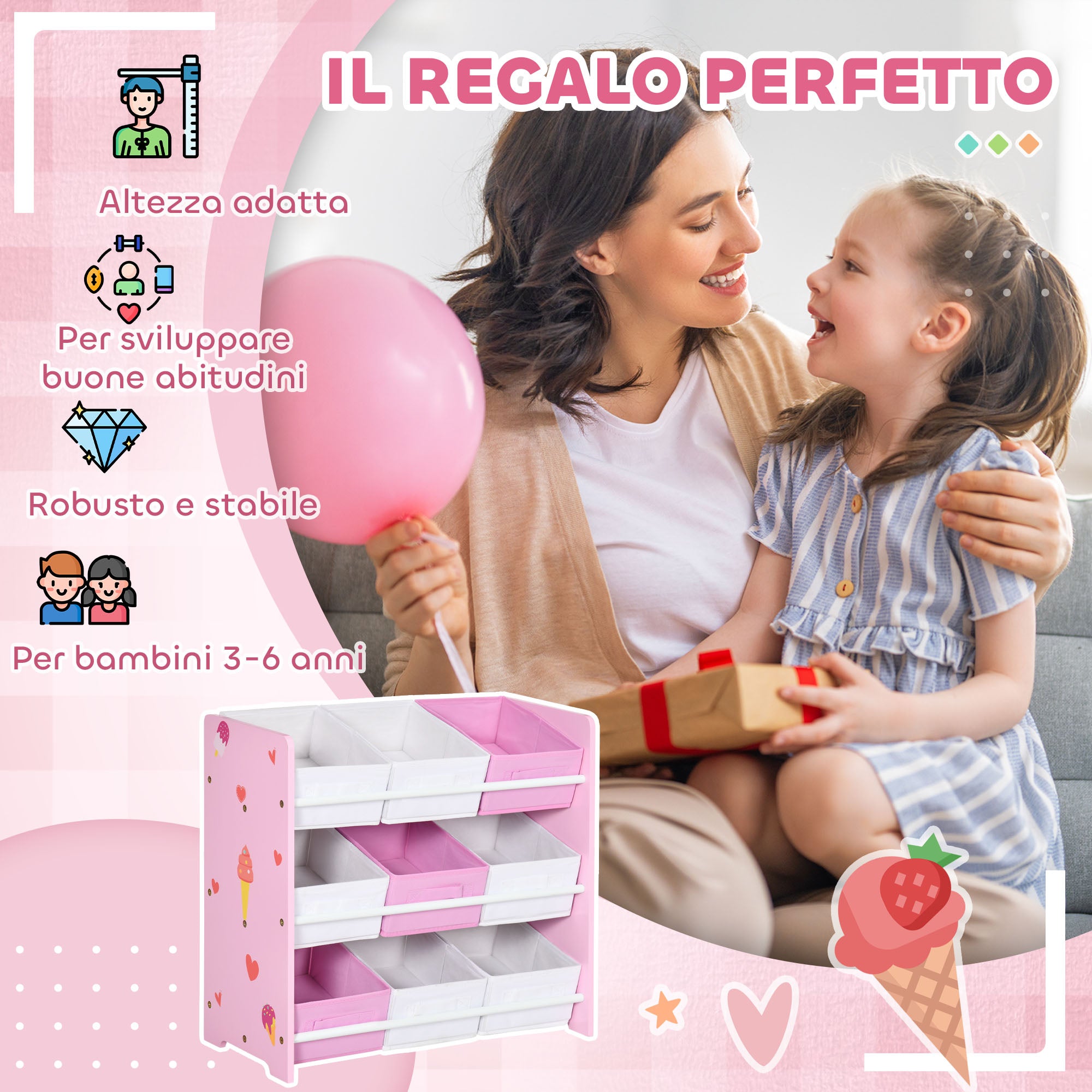 Scaffale Portagiochi per Bambini 63x30x60 cm con 9 Cestini in Tessuto in MDF Rosa e Bianco