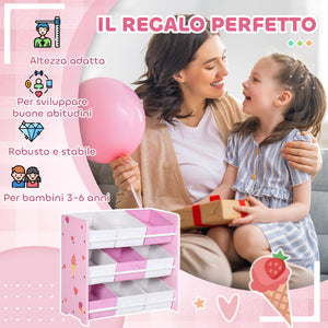 Scaffale Portagiochi per Bambini 63x30x60 cm con 9 Cestini in Tessuto in MDF Rosa e Bianco