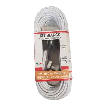 KIT CAVETTO STENDIBIANCHERIA BIANCONE MATASSA Ø 5 mm - 20 mt - 1 tirante + 2 fermacavi