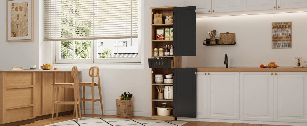 Credenza da cucina 170×40×30 cm in MDF con 2 ante, 1 cassetto e ripiani interni regolabili, colore Natural+Black