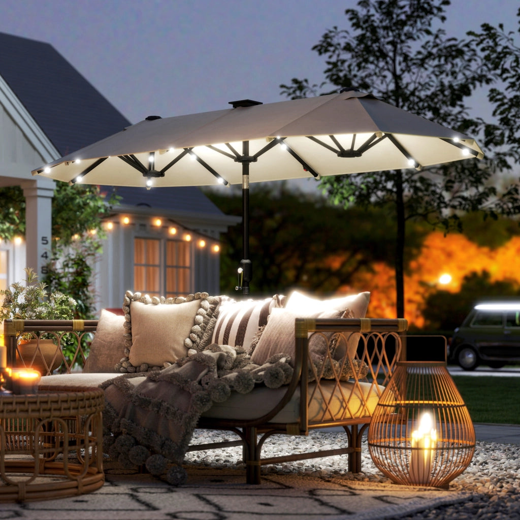 Ombrellone Doppio con Luci LED e Manovella, in Poliestere e Acciaio, 2.92x1.5x2.2 m, Beige
