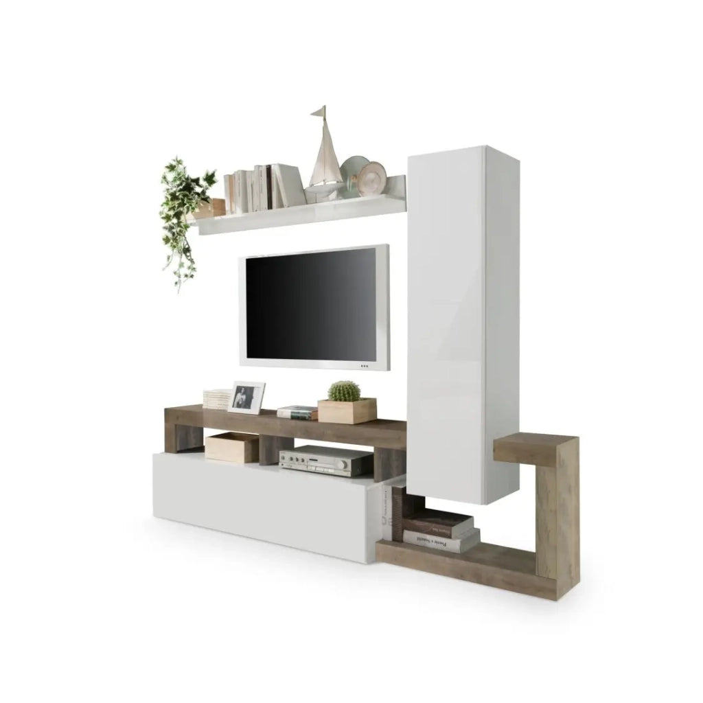 Set mobili da salotto con contenitori, collezione BURA, lunghezza 219 cm, bianco laccato/quercia cadiz