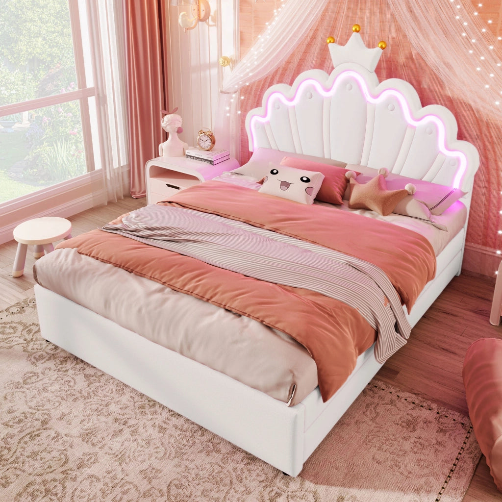 Letto per bambini 140x200 cm con LED; 2 cassetti e testiera regolabile; similpelle bianca e rosa