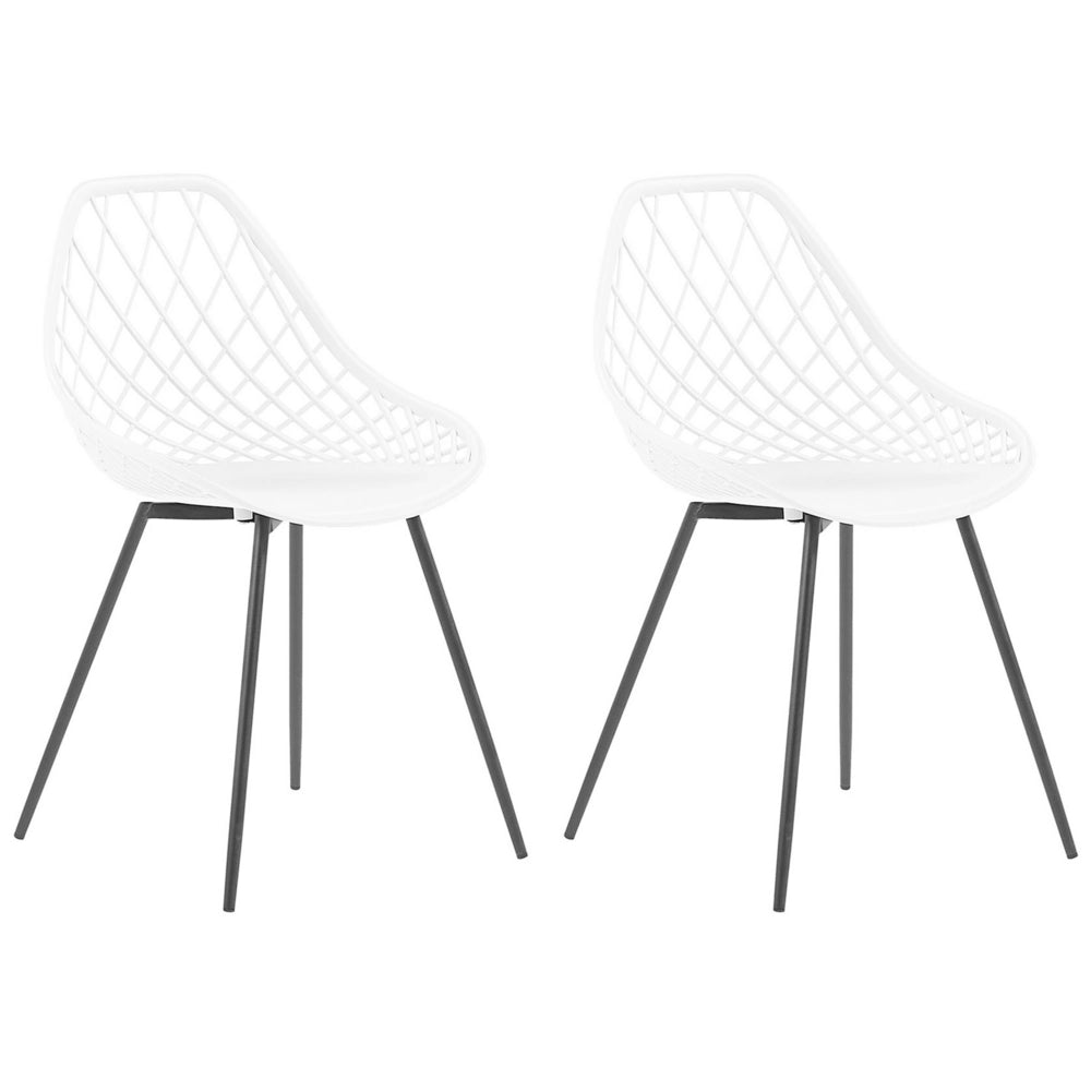 Set di 2 Sedie da Pranzo Seduta Sintetica Bianca Gambe in Metallo Nero Schienale Net Design Moderno Scandinavo