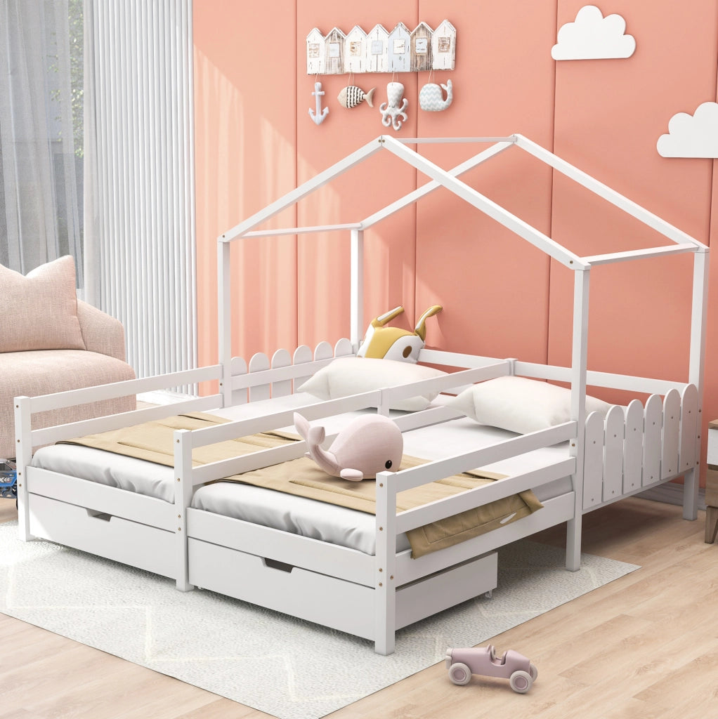Letto a casetta doppio per bambini con 2 cassetti, bianco