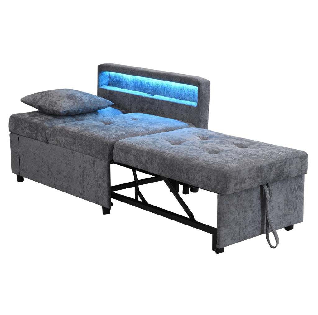 Divano letto 3 in 1 con schienale regolabile; LED e USB/Type-C in lino grigio chiaro