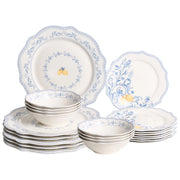 Set da 24 stoviglie in porcellana bianca e blu con finitura smaltata e motivo a foglie: ciotole e piatti per cucina e sala da pranzo