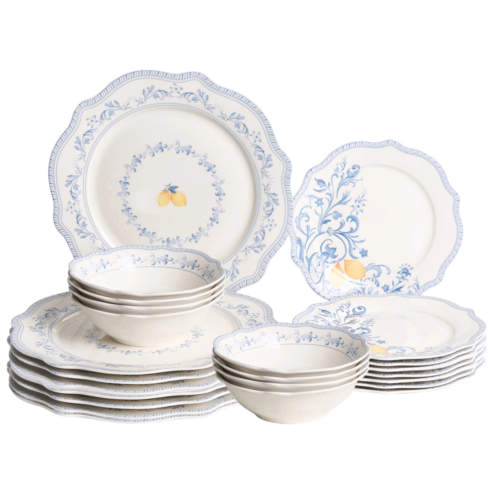 Set da 24 stoviglie in porcellana bianca e blu con finitura smaltata e motivo a foglie: ciotole e piatti per cucina e sala da pranzo