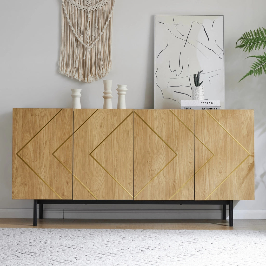 Credenza da soggiorno con 4 ante e inserti metallici, finitura naturale, 160 x 40 x 78 cm