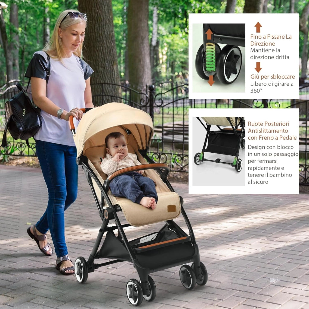 Passeggino Pighevole per Bmabini, Passeggino con Schienale e Poggiapiedi Regolabili, Passeggino Leggero Portata 15 kg, con Cappottina e Zanzariera, per Bambini 0-3 Anni (Beige)