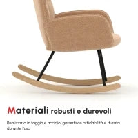 Poltrona a Dondolo Imbottita in Legno e Acciaio con Rivestimento Bouclé, 71x98x101 cm, Marrone