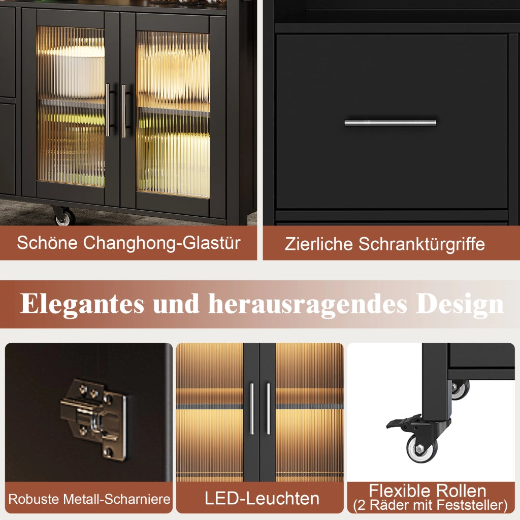 CARRELLO CUCINA 139x40x94 cm Nero MDF con LED e ruote