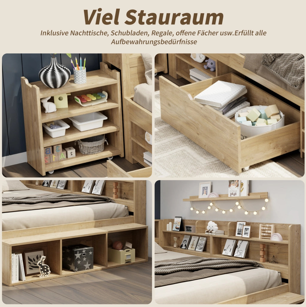 Letto per bambini 140x200 cm con cassetto; librerie e armadi contenitore in compensato; naturale