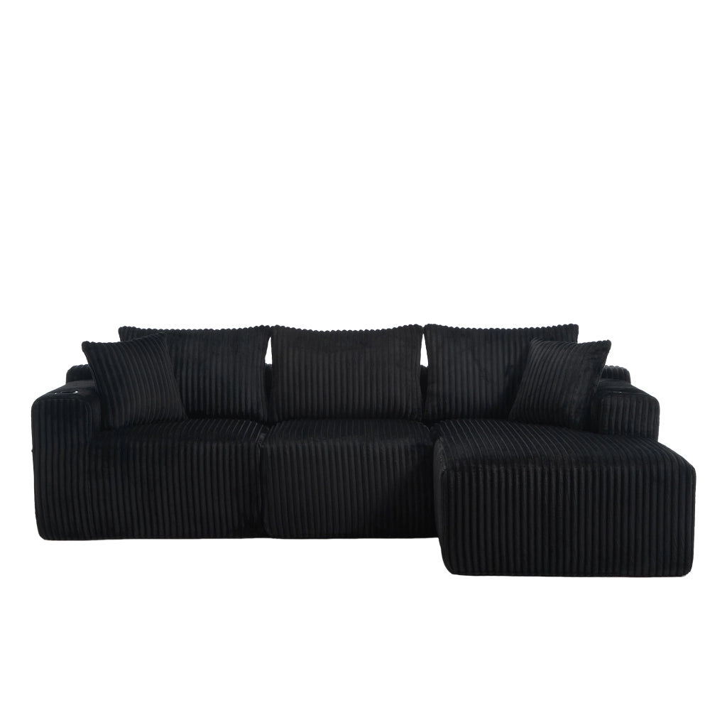 Divano Modulare con Chaise Longue 2 Posti ¨C MINIMAL ¨C Velluto a Coste, Cuscini, Portabicchieri
