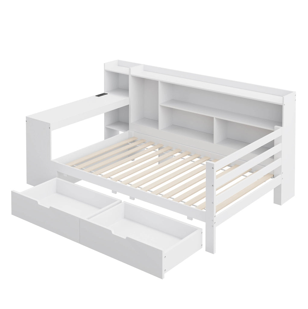 Letto 90x200 cm multifunzionale con scrivania e presa in legno bianco