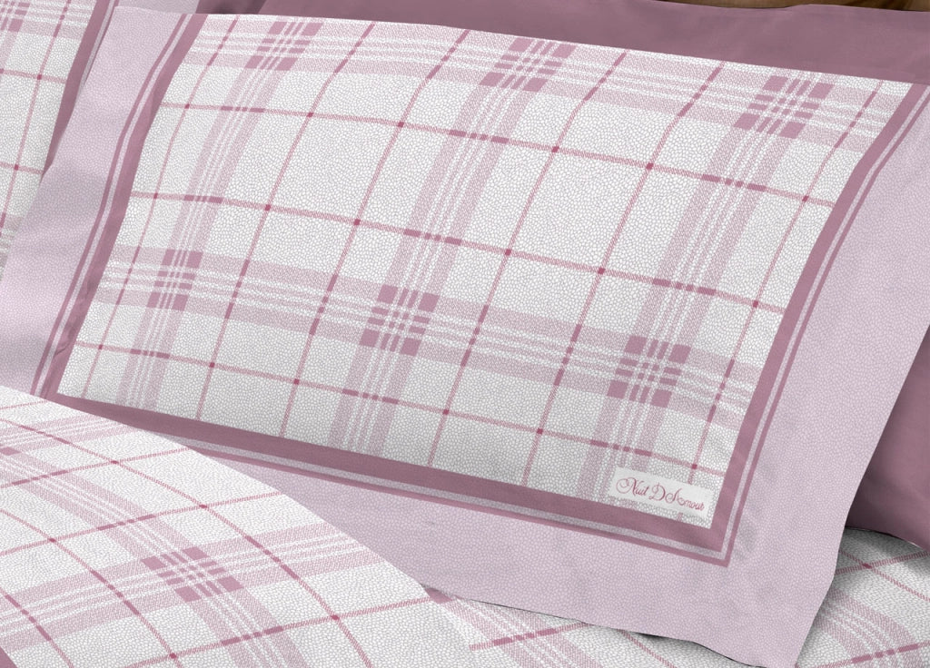 Completo Lenzuola Flanella 100% Cotone Disegno Torino A Quadri Rigato - Piazza E Mezza - Rosa