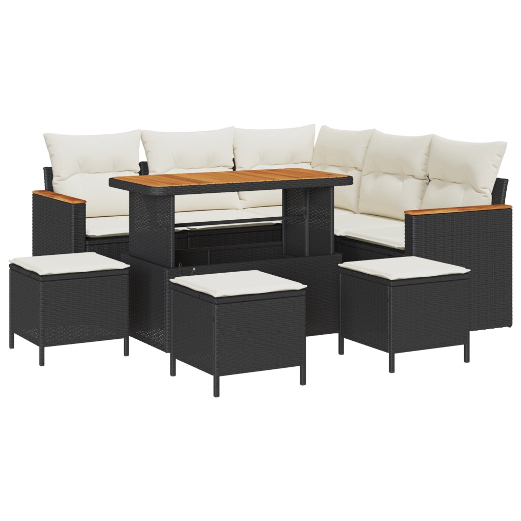 Set Divano da Giardino 9 Pezzi con Cuscini Nero Polyrattan Acacia
