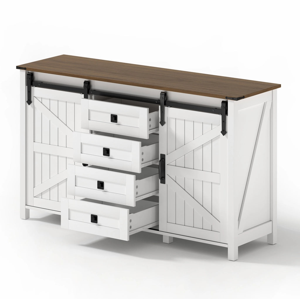 Credenza 137x40x81.5 cm con ante scorrevoli e 4 cassetti; MDF bianco