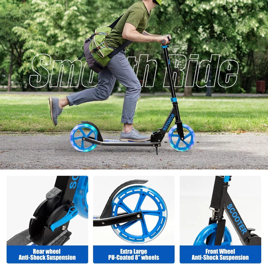 Monopattino Pieghevole per Bambini e Adulti Fino a 110kg, Manopattino a 2 Ruote Luminose con Freno, Scooter per Bambini con Manubrio Regolabile e Cinghia di Trasporto
