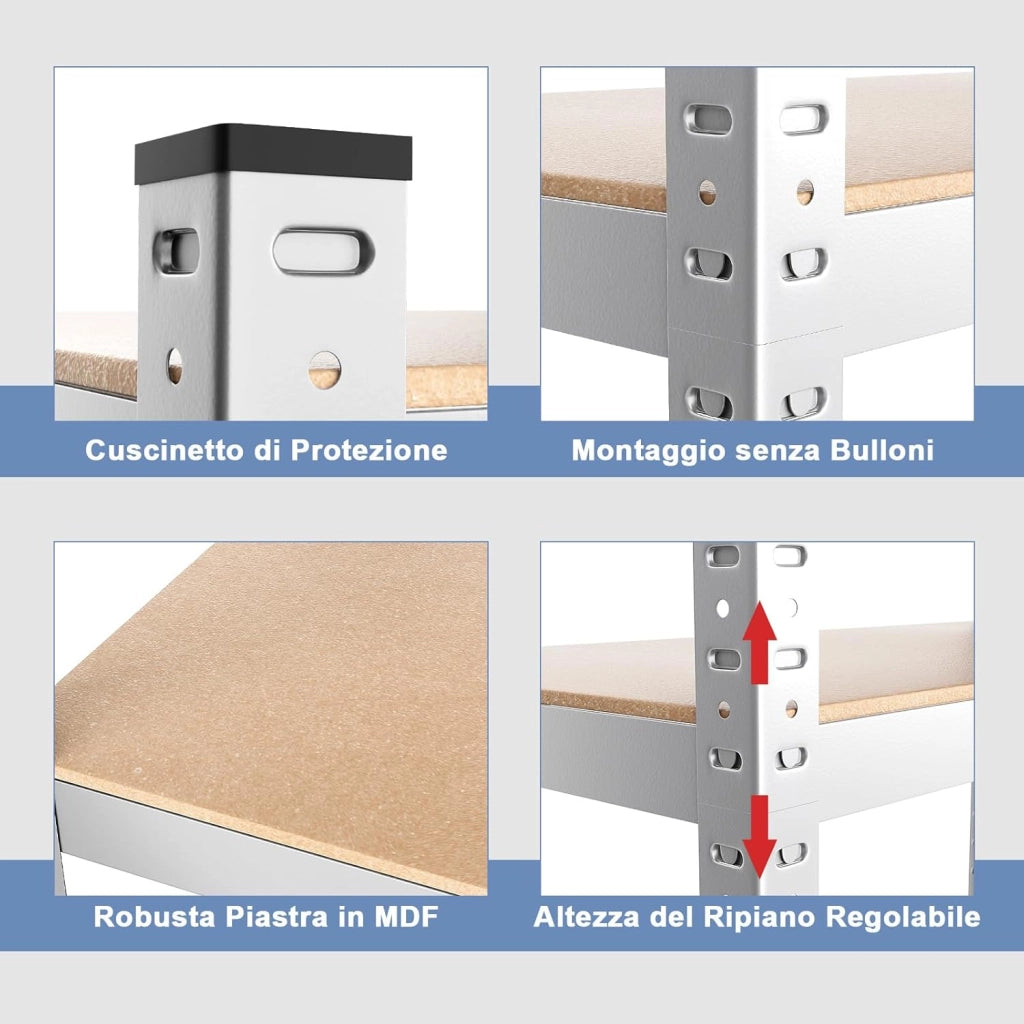 Scaffale con 5 Livelli, Scaffale per Garage Resistente con Altezza Mensole Regolabile, Capacità di Peso Totale 875 kg, Senza Bulloni, Uso Versatile 90x40x180cm (Argento)