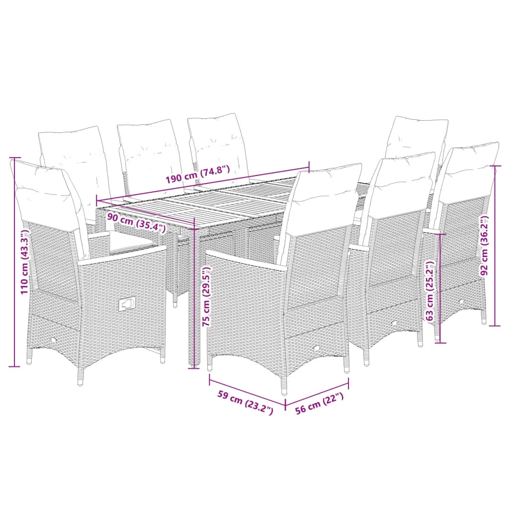 Set da Pranzo da Giardino 9 pz con Cuscini in Polyrattan Grigio