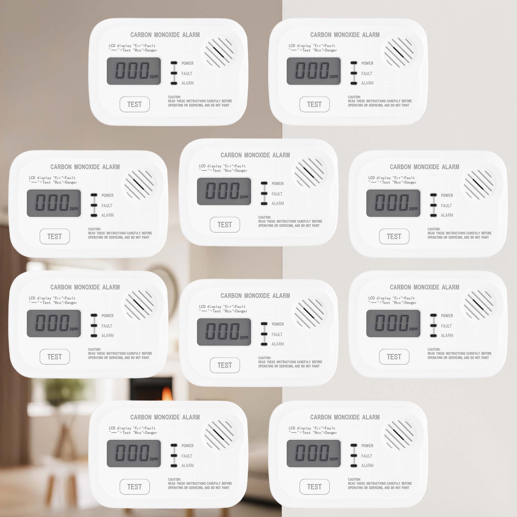 Set 10x Rilevatore monossido di carbonio con display 120 x 74 x 31 mm, allarme CO con batterie sostituibili incluse