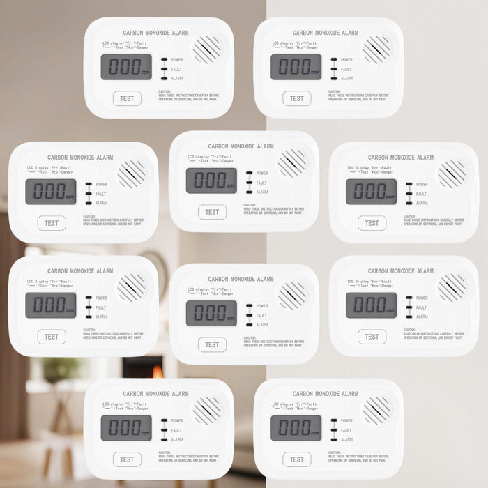 Set 10x Rilevatore monossido di carbonio con display 120 x 74 x 31 mm, allarme CO con batterie sostituibili incluse