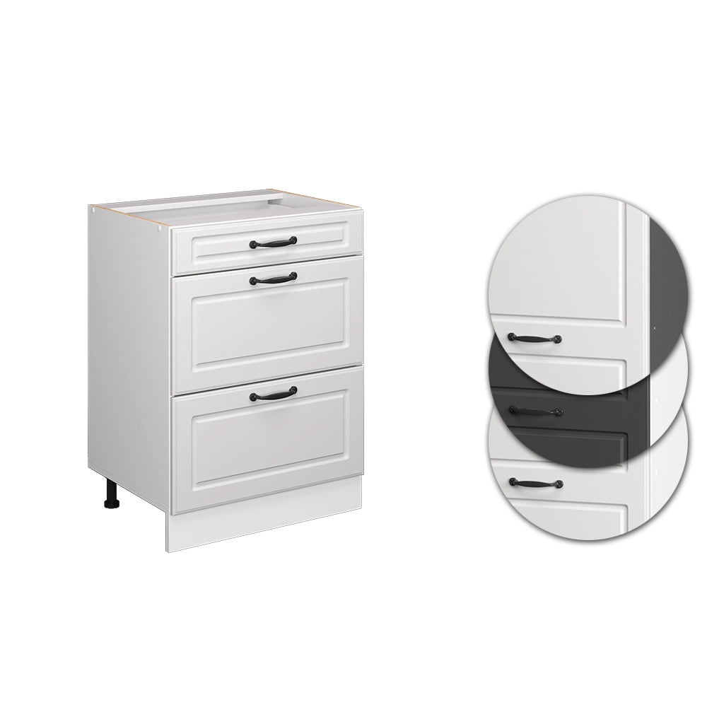Mobiletto base per cucina R-Line Bianco rustico/Bianco 60 cm con cassetti, senza piano di lavoro Vicco