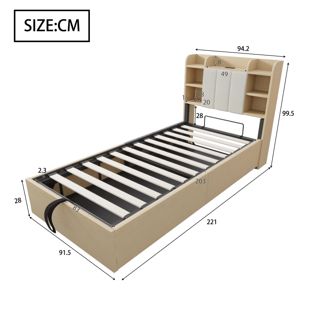 LETTO Contenitore Idraulico 90x200 cm MDF Colore Legno Naturale con USB e USB-C