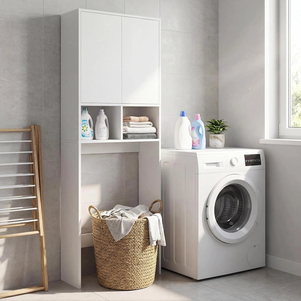 Mobile Bagno Sopra WC, Mobiletto Bagno Salvaspazio da Terra con 2 Ante, 2 Scomparti Aperti e Ripiano Regolabile, Scaffale Sopra Lavatrice per Lavanderia, 60 x 23 x 166 cm