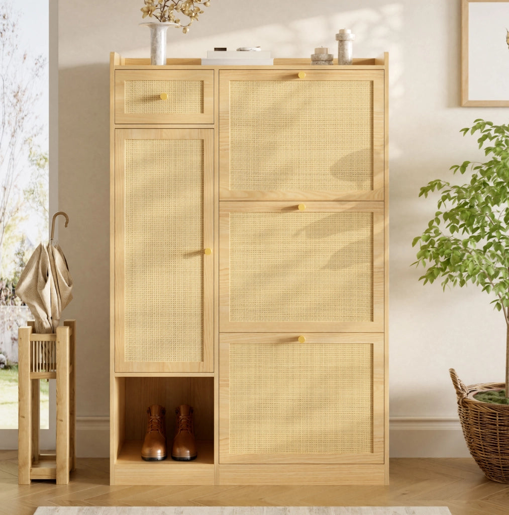 Scarpiera slim naturale con 3 ribalte, cassetto e vano laterale