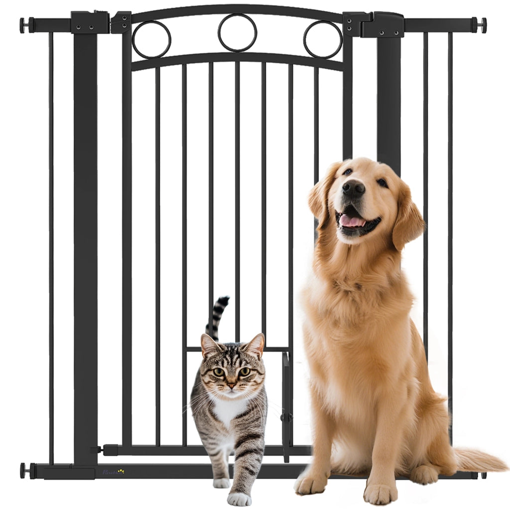Cancelletto per Animali Domestici con Porta per Gatti ¨C Xylo ¨C 106cm Altezza Regolabile Nero