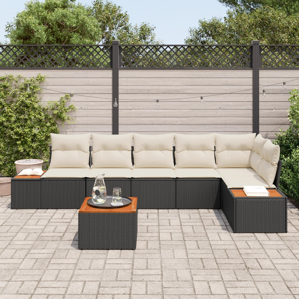 Set Divano da Giardino 7 Pezzi con Cuscini Rattan Nero Poli Acacia
