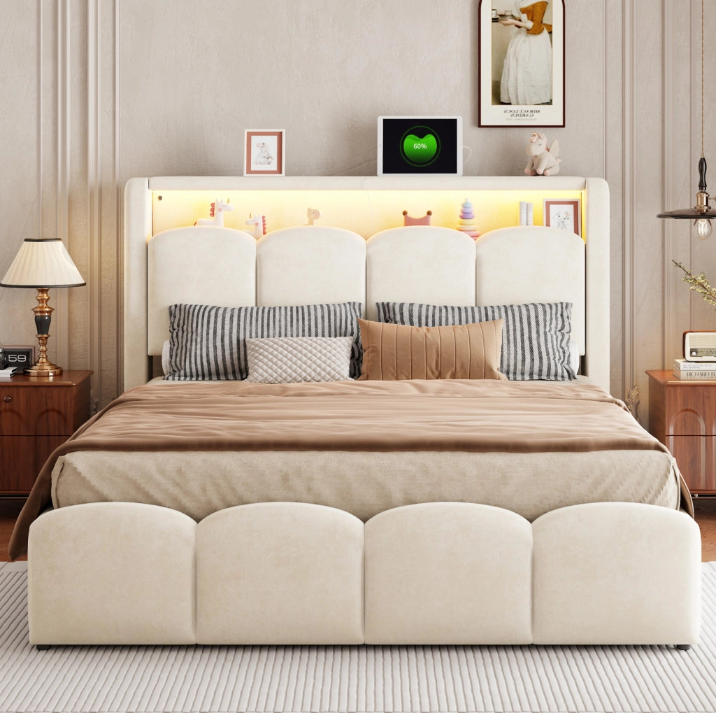 Letto matrimoniale imbottito 140x200 cm in velluto beige con LED; USB e contenitore idraulico