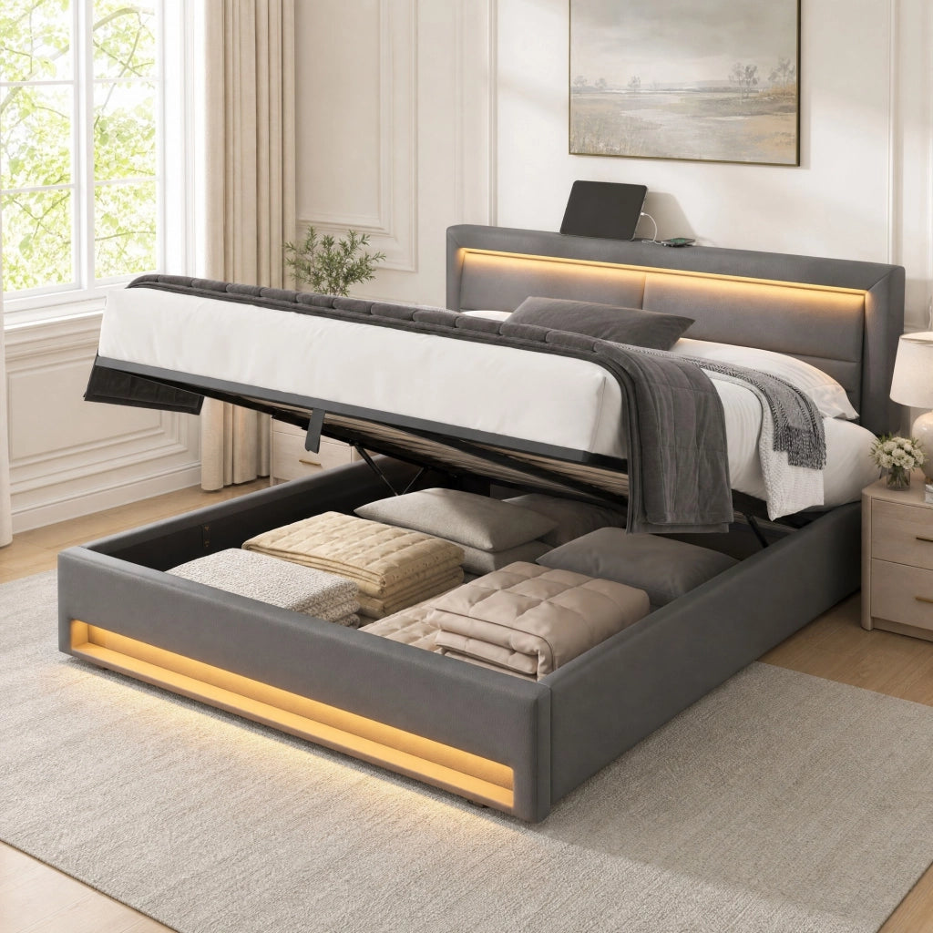Letto imbottito grigio 140 x 200 cm con LED, USB e vano contenitore