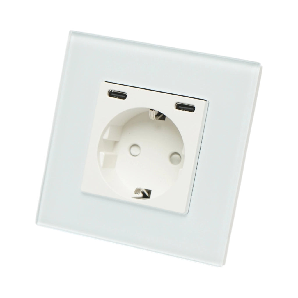 Presa Schuko da incasso bianca 220V, 16A, 2xUSB-C 20W ricarica rapida, cornice in vetro 86x86x34mm