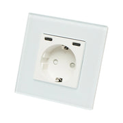 Presa Schuko da incasso bianca 220V, 16A, 2xUSB-C 20W ricarica rapida, cornice in vetro 86x86x34mm